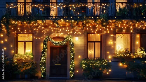 House facades illuminated with warm garlands and festive lights, creating a cozy and inviting holiday scene.