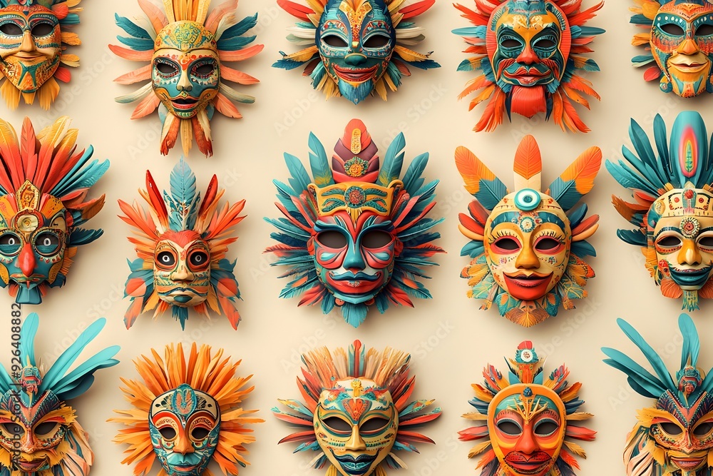 Vibrant Tribal Masks on Wall Colorful Indigenous Cultural Decorative Artwork Vibrant Tribal Masks on Wall Colorful Indigenous Cultural Decorative Artwork