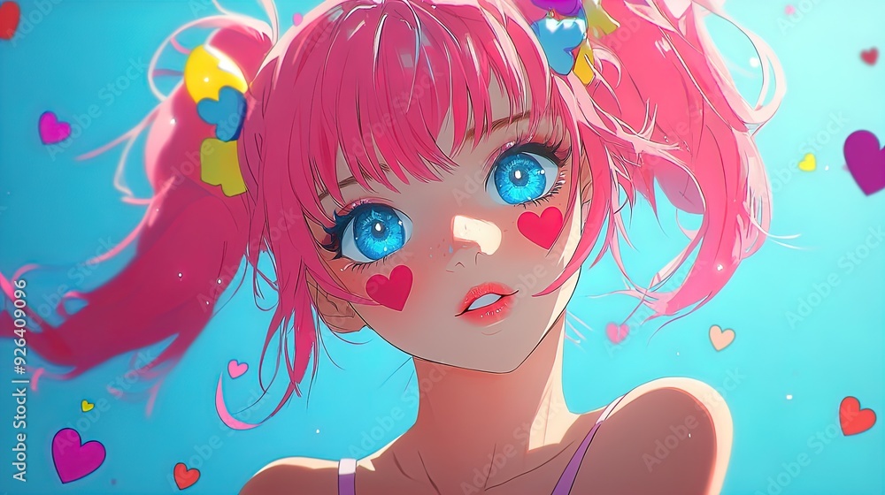 Vibrant Anime Girl with Pastel Pink Hair and Heart-Shaped Makeup: Perfect for a Sporty Interior Poster, Brightening Up Any Space with Colorful Hearts and Playful Charm! Vibrant Anime Girl with Pastel Pink Hair and Heart-Shaped Makeup: Perfect for a Sporty Interior Poster, Brightening Up Any Space with Colorful Hearts and Playful Charm!