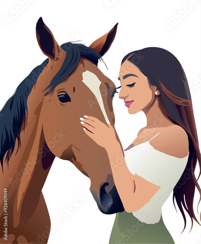 Young woman embracing and showing affection to her horse-