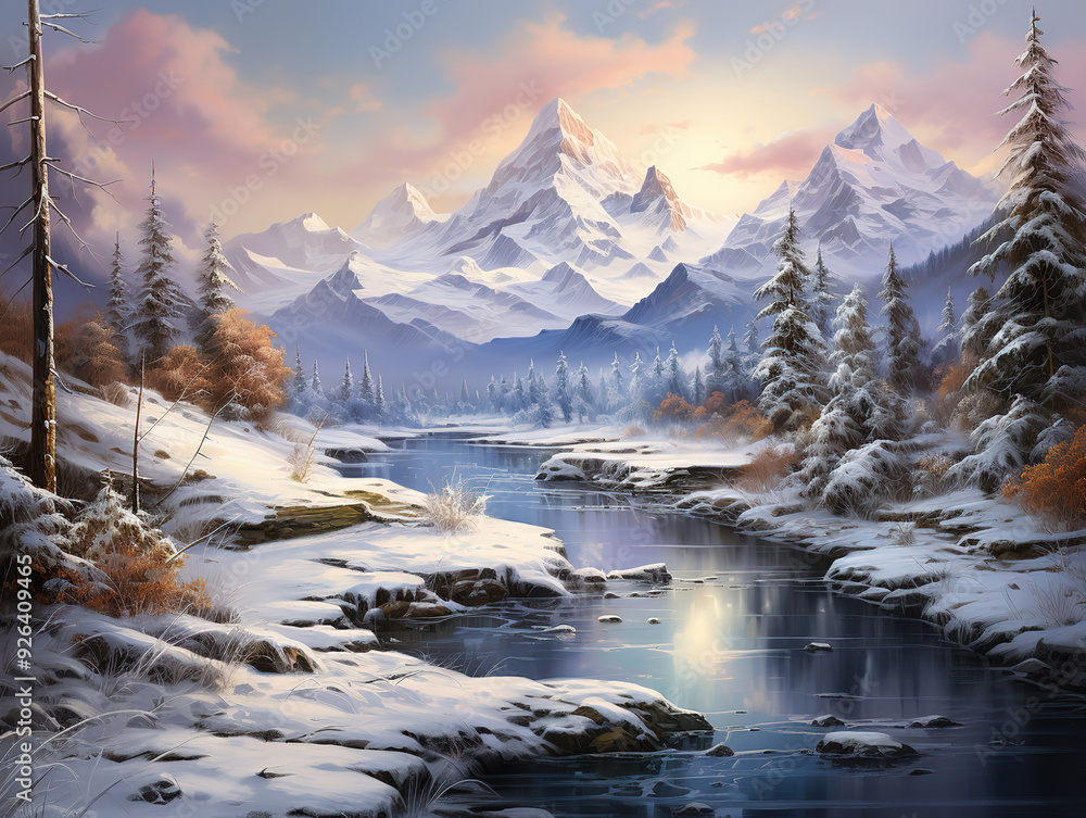 Fototapeta premium Eye Catching Nature peak tranquility welcomes adventurous travelers majestically frozen