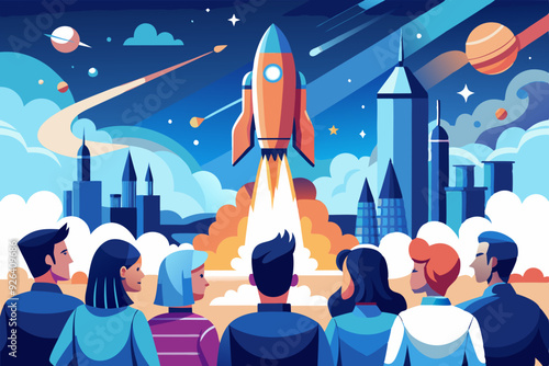 People are watching the rocket launch. Conquest and exploration of space. Vector illustration
