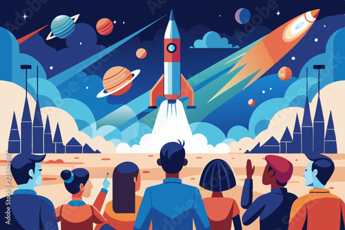 People are watching the rocket launch. Conquest and exploration of space. Vector illustration
