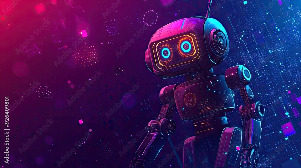 2D AI illustration showcasing a futuristic robot and algorithmic patterns. Represents artificial intelligence and advanced technology. Ideal for digital and tech graphics. 2D AI illustration showcasing a futuristic robot and algorithmic patterns. Represents artificial intelligence and advanced technology. Ideal for digital and tech graphics.