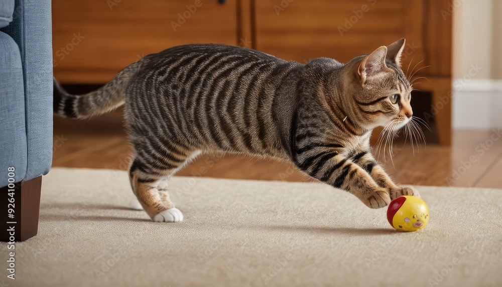Naklejka premium A young American Shorthair cat reaches out to a red toy car, engaged in a moment of exploration and play, perfectly capturing the curious nature of cats in a comfortable indoor space