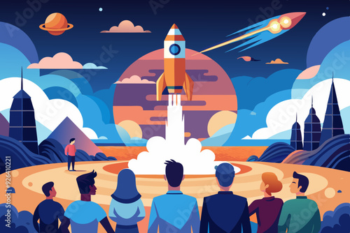 People are watching the rocket launch. Conquest and exploration of space. Vector illustration
