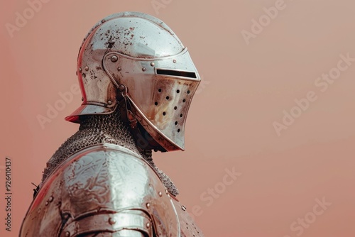 Medieval knight wearing weathered armor looking ahead photo