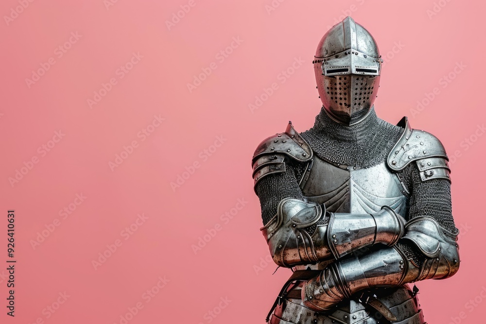 Medieval knight wearing full body armor on pink background Medieval knight wearing full body armor on pink background