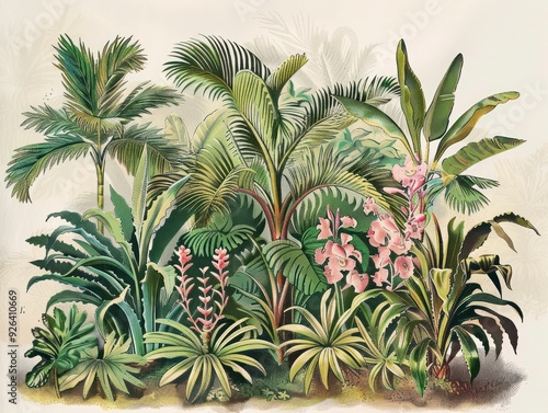 Botanical Elegance: Vintage Tropical Plants Illustration Wallpaper