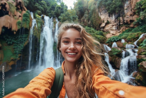 Fototapeta Naklejka Na Ścianę i Meble -  Young woman taking selfie in front of waterfall