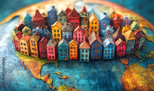 A Circle of Colorful Houses Encircling a Globe