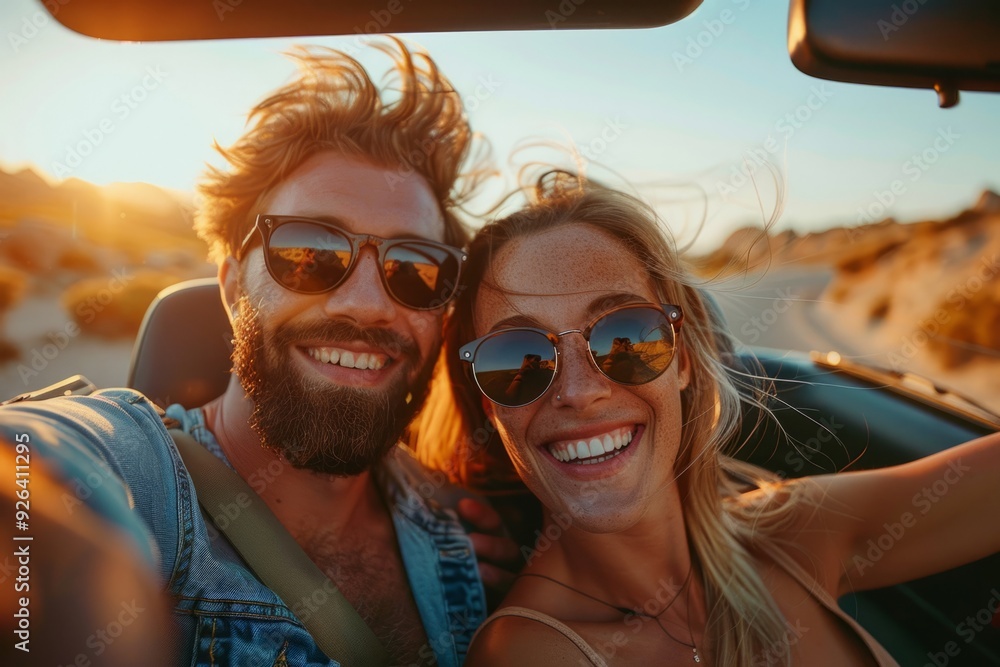 Young couple smiling taking selfie in car during road trip Young couple smiling taking selfie in car during road trip