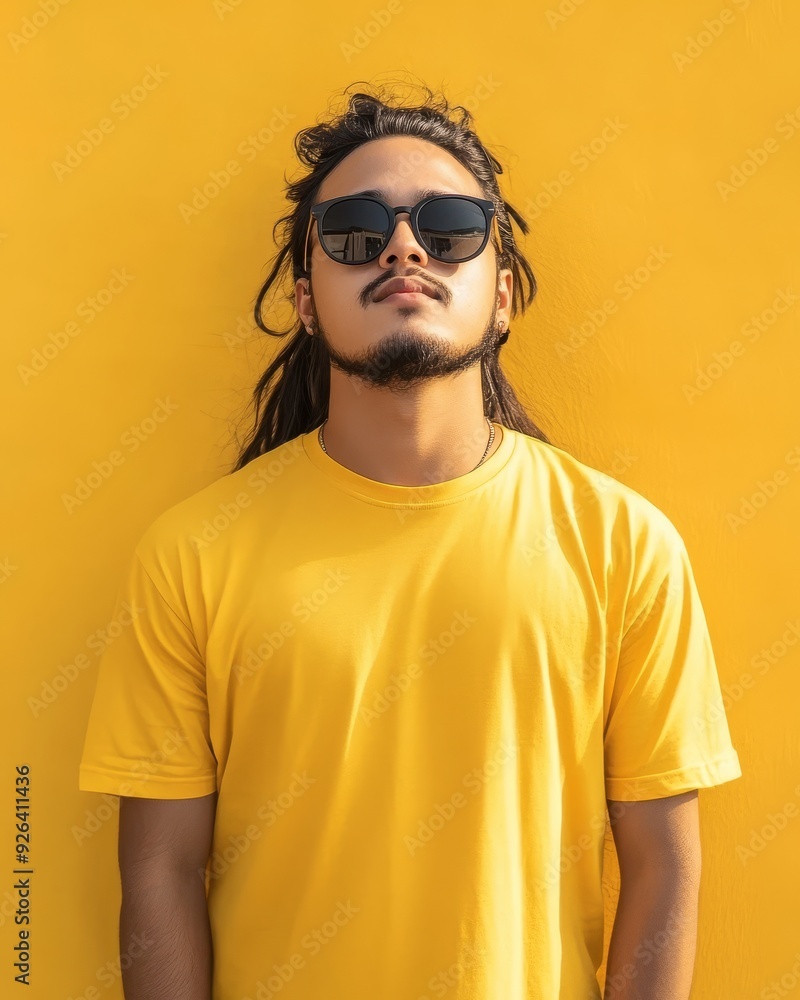 Model displays confidence in a blank t-shirt with a bold yellow wall behind Model displays confidence in a blank t-shirt with a bold yellow wall behind