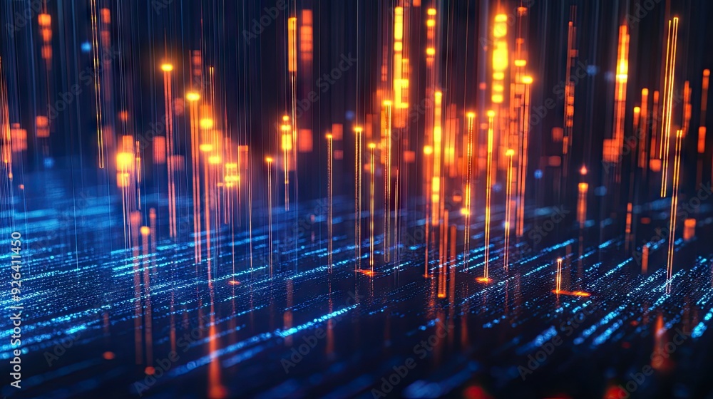 Abstract 3D candlestick chart with luminous elements on a blue background. Illustrates market dynamics and trading concepts. Great for finance and investment visuals. Abstract 3D candlestick chart with luminous elements on a blue background. Illustrates market dynamics and trading concepts. Great for finance and investment visuals.