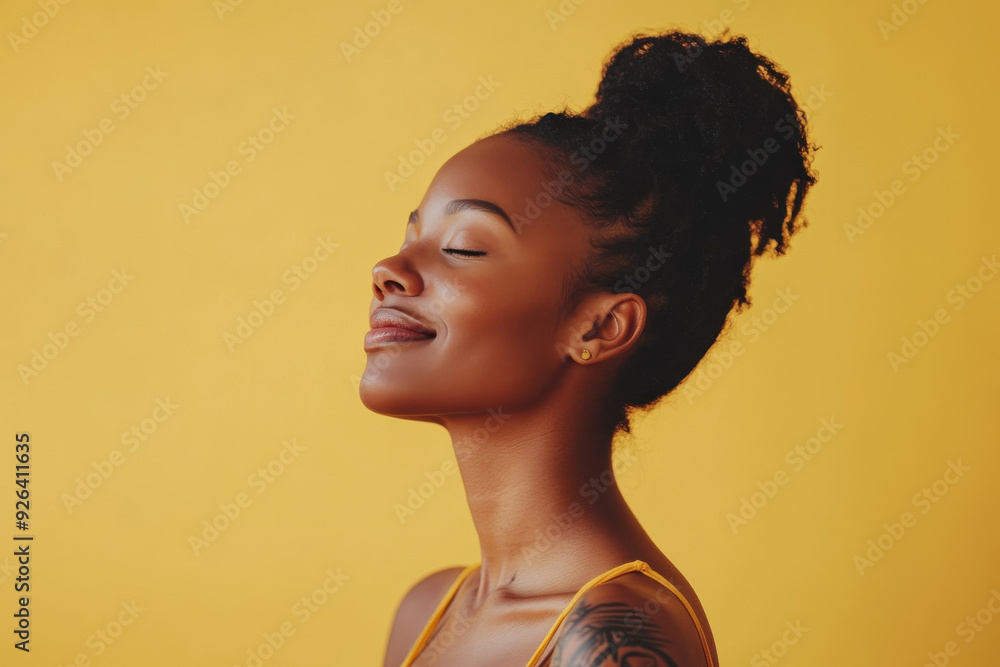 A close up of a tattooed black woman's face with her eyes closed A close up of a tattooed black woman's face with her eyes closed