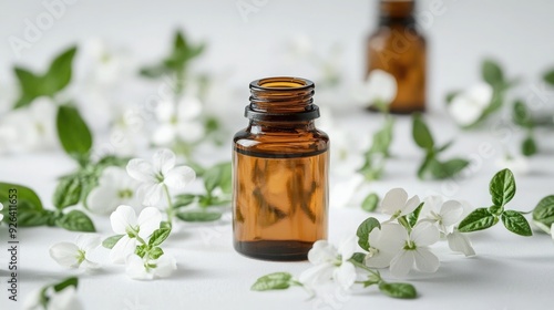 Bacopa Extract Bottle with Bacopa Monnieri Leaves and Flowers on Pure White Background Showcasing Natural Ingredients