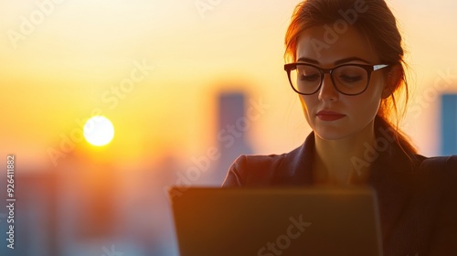 Businesswoman Working on Laptop During Golden Hour.