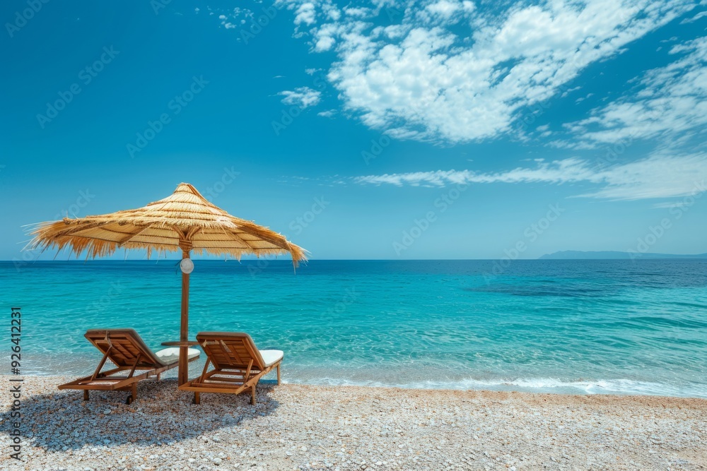 Two empty sunbeds enjoying a sunny day on the beach under a straw parasol Two empty sunbeds enjoying a sunny day on the beach under a straw parasol