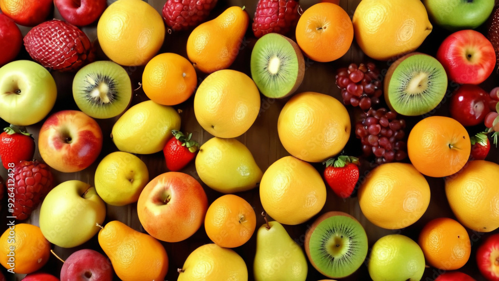 A vibrant collection of fresh fruits, including oranges, kiwis, berries, and bananas, arranged in an eye-catching pattern. Perfect for food blogs, healthy living promotions, and recipe designs. A vibrant collection of fresh fruits, including oranges, kiwis, berries, and bananas, arranged in an eye-catching pattern. Perfect for food blogs, healthy living promotions, and recipe designs.