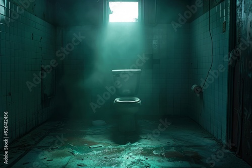 toilet bowl illuminated by lightbulb in dark scary bathroom photo