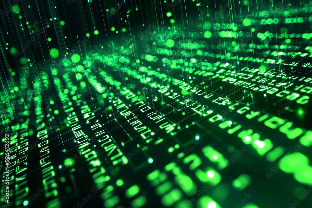 Green Dark Binary Code with Data Streaming Background created with Generative AI Green Dark Binary Code with Data Streaming Background created with Generative AI