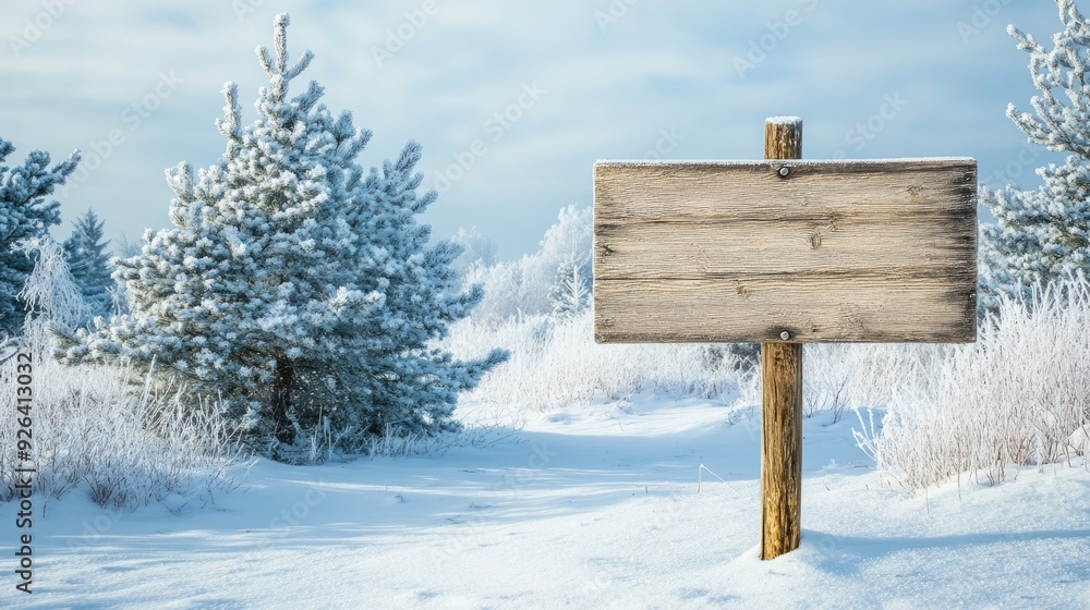 Fototapeta premium Blank wooden sign with rough edges standing in a snow-covered landscape, surrounded by frosty trees
