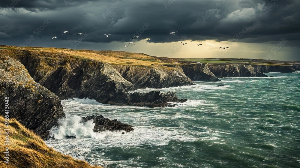 Rugged Rocky Coastline with Crashing Waves, Dark Storm Clouds Gathering, and Seagulls Flying Overhead. AI generated illustration Rugged Rocky Coastline with Crashing Waves, Dark Storm Clouds Gathering, and Seagulls Flying Overhead. AI generated illustration