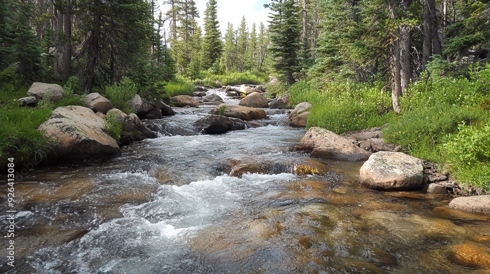 Pristine Alpine Stream Flowing Over Smooth Rocks, Surrounded by Moss-Covered Boulders and Tall Evergreen Trees. AI generated illustration