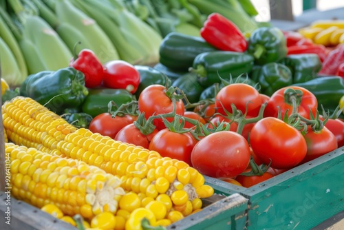 Fresh produce like tomatoes, peppers, and corn neatly arranged in an eye-catching display at a farmer's market, highlighting the rich colors and freshness of the vegetables photo