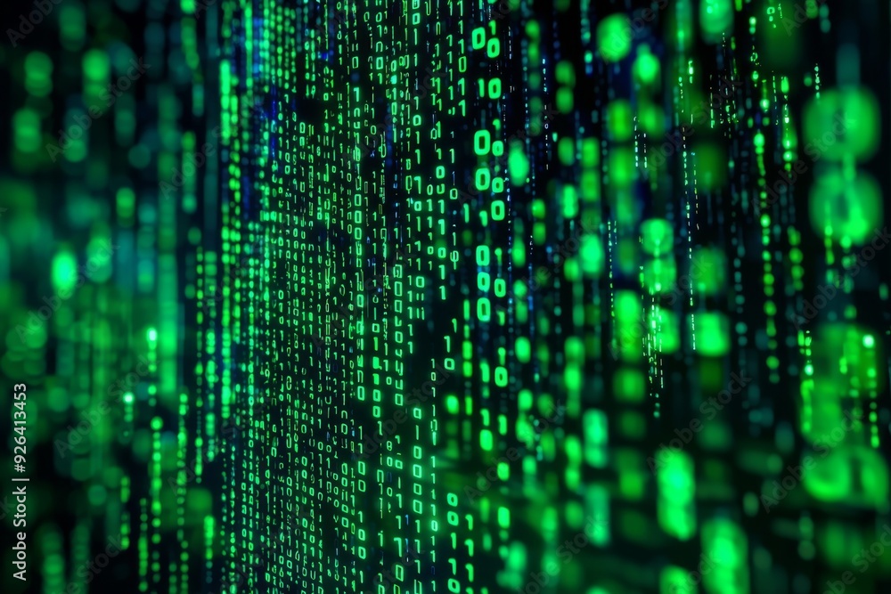 Green Dark Binary Code with Data Streaming Background created with Generative AI Green Dark Binary Code with Data Streaming Background created with Generative AI