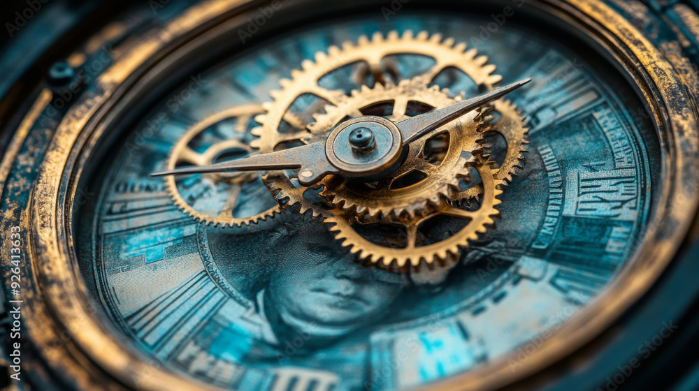 Obraz premium Close-up of a vintage clock featuring golden gears, Roman numerals, and an intricate design, representing the timeless relationship between time and wealth.