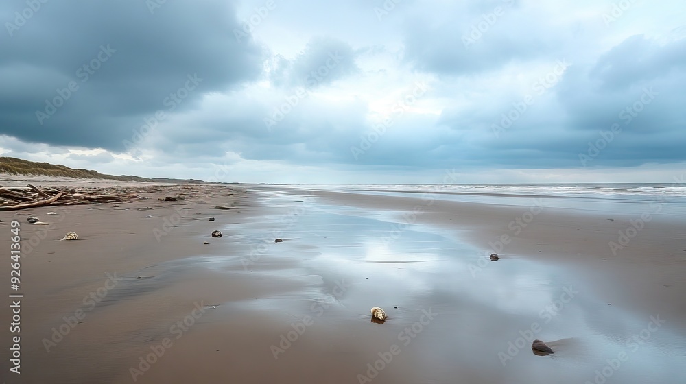 Desolate Beach at Low Tide with Reflective Wet Sand, Scattered Seashells, and Driftwood Along the Shoreline. AI generated illustration Desolate Beach at Low Tide with Reflective Wet Sand, Scattered Seashells, and Driftwood Along the Shoreline. AI generated illustration