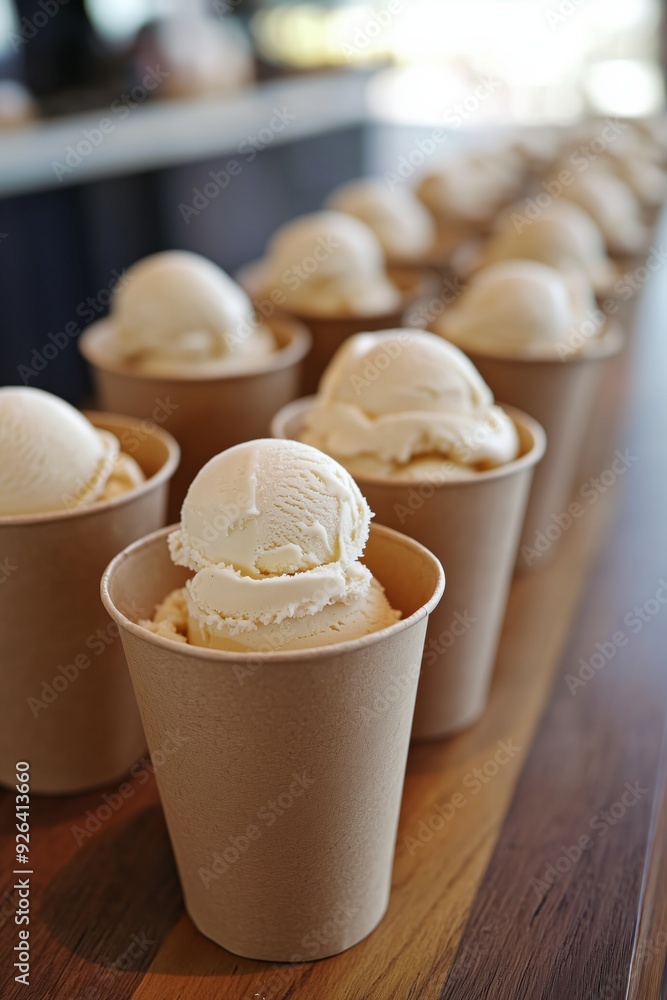 Refreshing Variety: Wide-Angle of Assorted Lime Ice Cream in Brown Paper Cups on Wooden Table with Natural Side Lighting â€“ Casual and Inviting Summer Dessert Scene