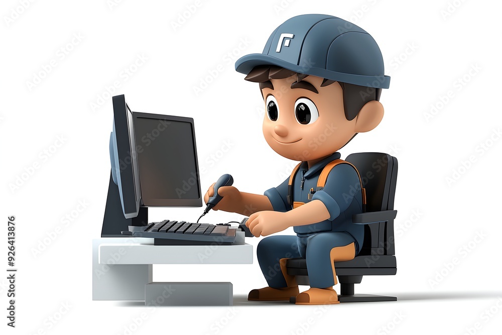 Cartoon character in construction uniform sitting at computer desk working Cartoon character in construction uniform sitting at computer desk working