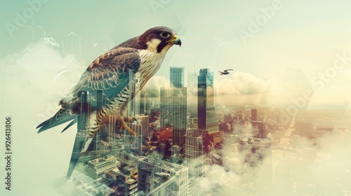 A falcon flies over a city.