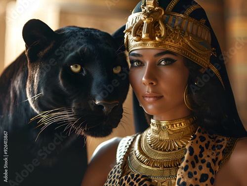 Portrait of a woman in an ancient Egyptian costume with a large black puma photo