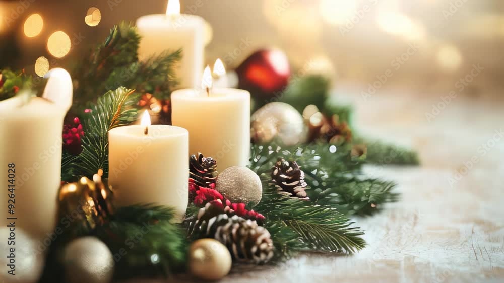 Elegant holiday table setting with lit candles, pinecones, and festive decor, perfect for a cozy Christmas gathering. Elegant holiday table setting with lit candles, pinecones, and festive decor, perfect for a cozy Christmas gathering.