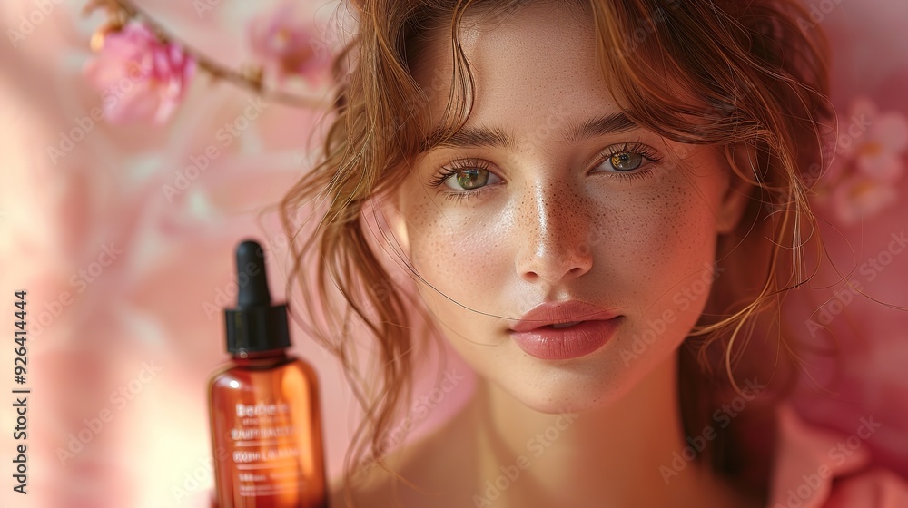 Graceful Young Lady Showcasing Her Skincare Routine with Natural Beauty Products. Skincare Essentials for Radiant Skin. Graceful Young Lady Showcasing Her Skincare Routine with Natural Beauty Products. Skincare Essentials for Radiant Skin.