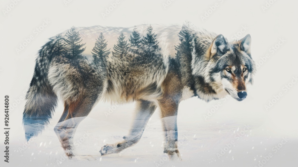 Fototapeta premium A majestic wolf with a double exposure of a forest.