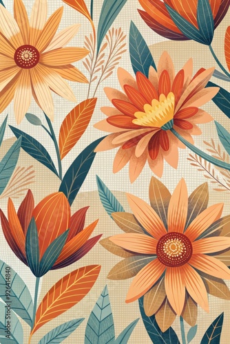 Floral pattern with warm tones and elegant leaves.