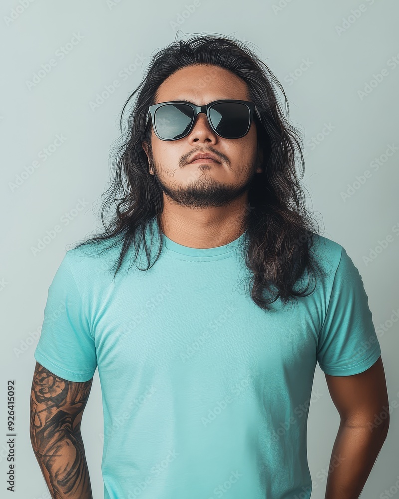Handsome model poses confidently in a vibrant blank t-shirt wearing sunglasses Handsome model poses confidently in a vibrant blank t-shirt wearing sunglasses