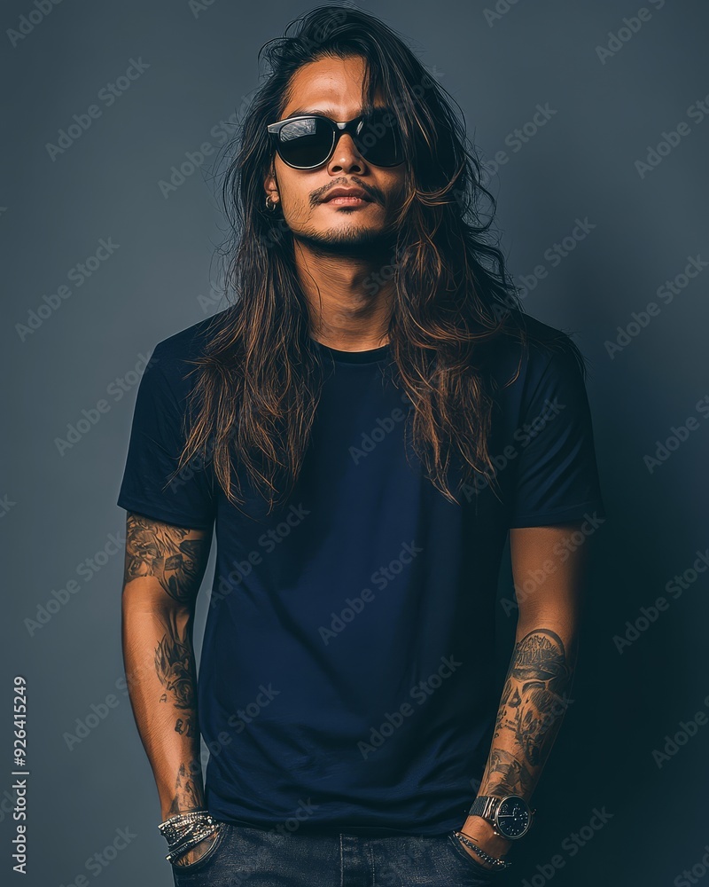 A model showcases a blank t-shirt, exuding confidence and style A model showcases a blank t-shirt, exuding confidence and style