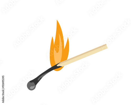Half-burnt match. Burning match. Wooden match with fire. Weak gorenje, extinguished fire. Lit matchstick burning with fire flame isolated on white background. Vector flat icon
