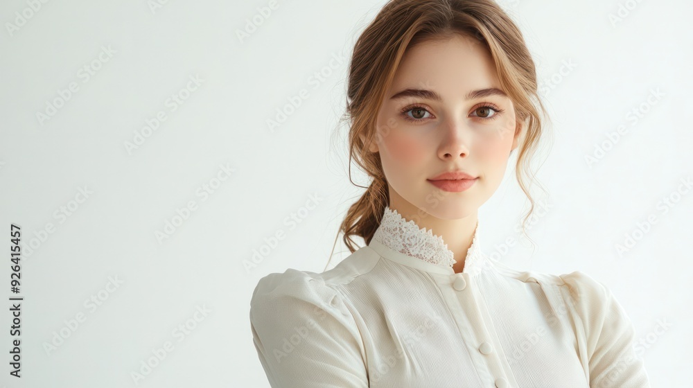 Fototapeta premium A young and beautiful woman in professional attire, facing the camera, delicate costumes. Generative AI