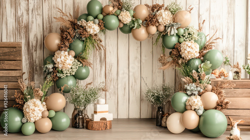 A large archway of balloons and flowers is set up in front of a white wall. The archway is made of green and brown balloons and is decorated with flowers. Generative AI