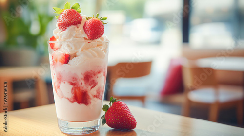 Strawberry ice cream in a glass with white chocolate and strawberry on top, Japanese style cafe interior. Generative AI