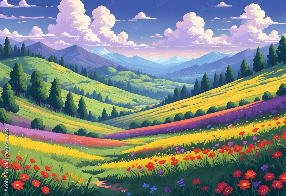 Fototapeta premium A grassy meadow with wildflowers in the foreground, surrounded by rolling green hills and a blue sky with fluffy white clouds