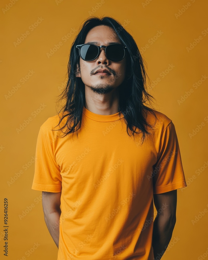 Handsome model presents a blank t-shirt with attitude and confidence Handsome model presents a blank t-shirt with attitude and confidence