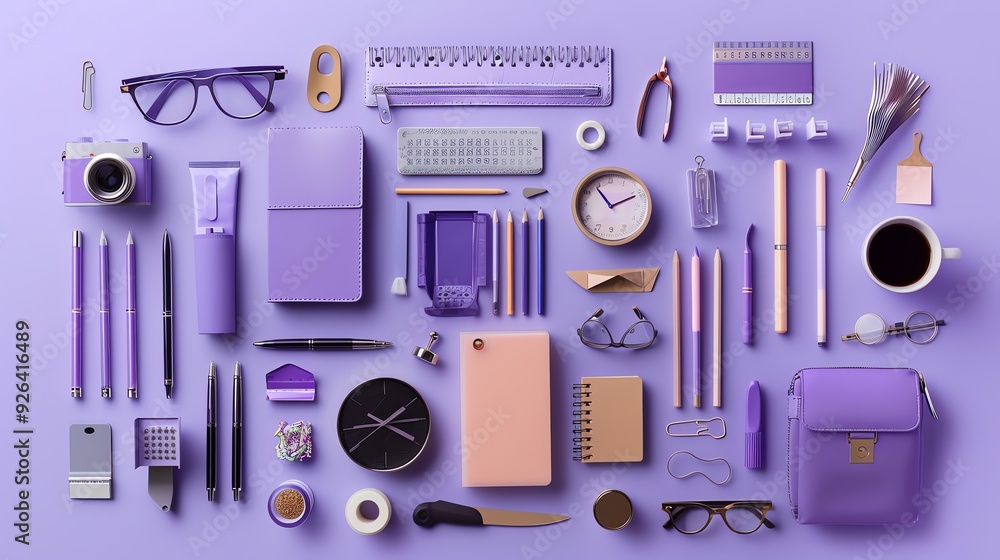 A flat lay of various purple and pink stationery items and accessories on a purple background. A flat lay of various purple and pink stationery items and accessories on a purple background.