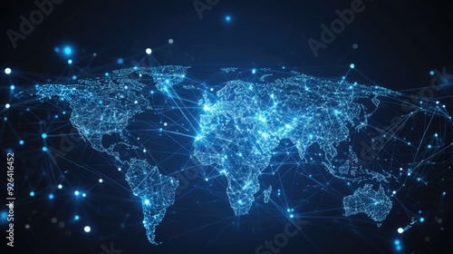 Abstract vector world map highlighting global telecommunication networks with data connections. Modern illustration showcasing business and network interactions.